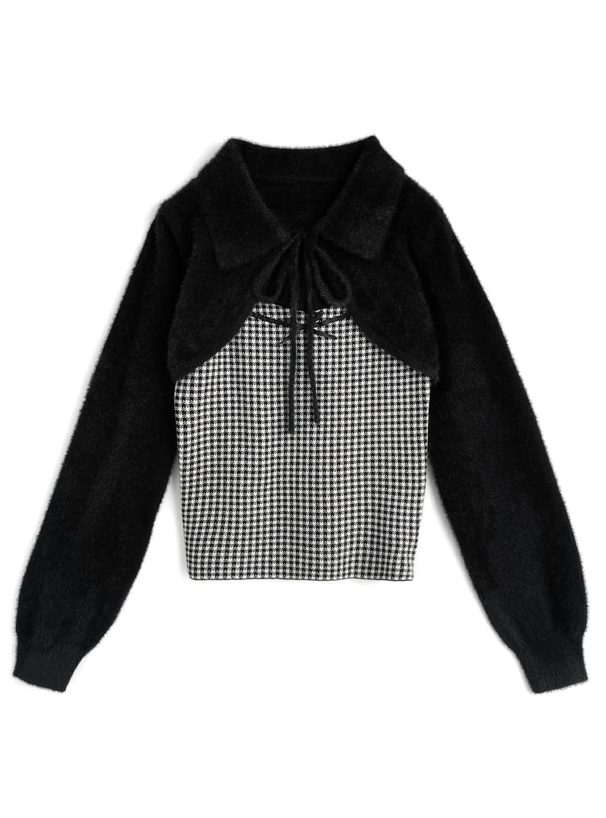シャギーボレロ×チェック柄キャミソールニットアンサンブル