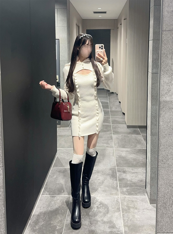 フード付きフロントオープンニットミニワンピース