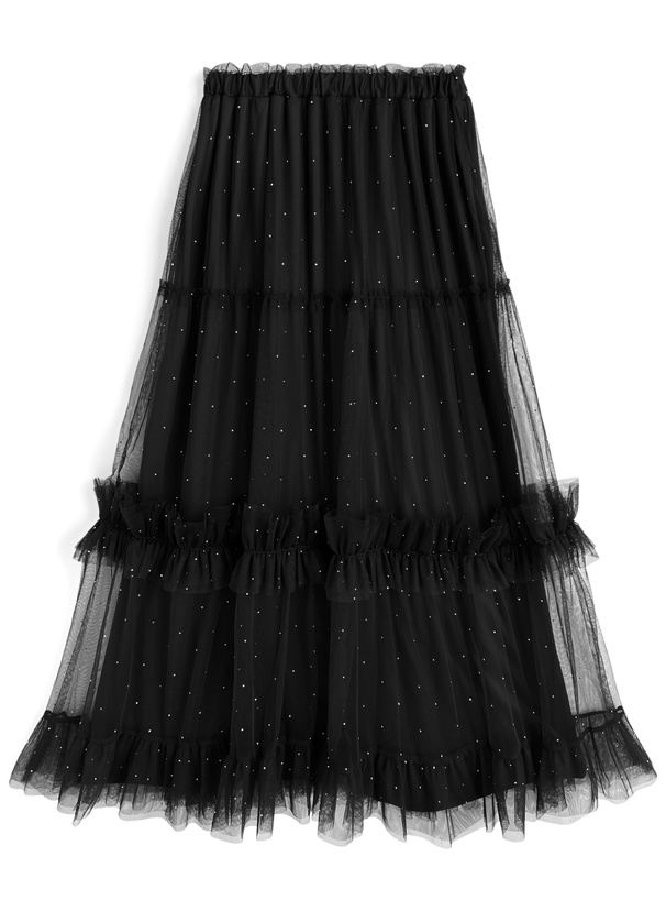 ラインストーンチュールフリルロングスカート