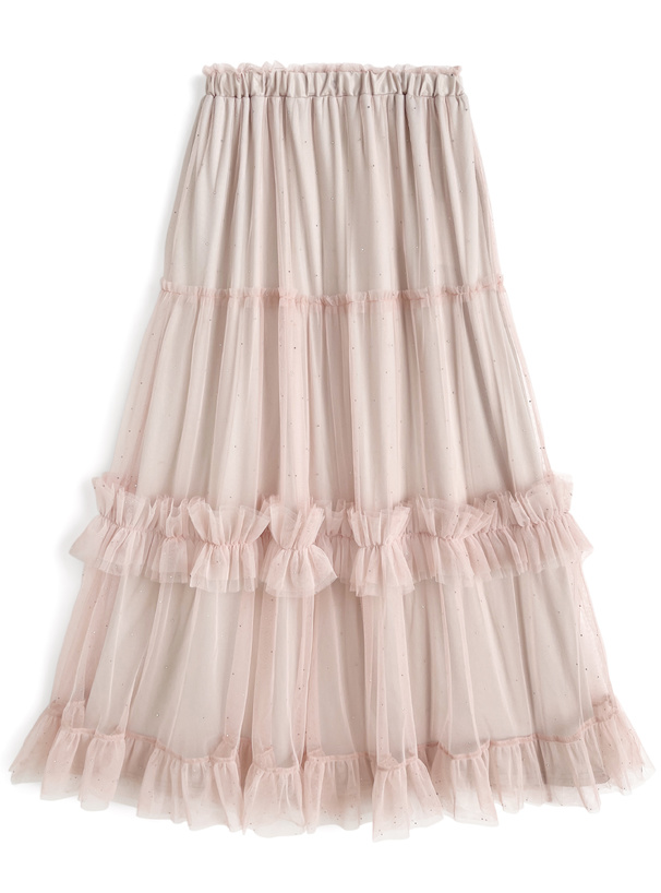 ラインストーンチュールフリルロングスカート