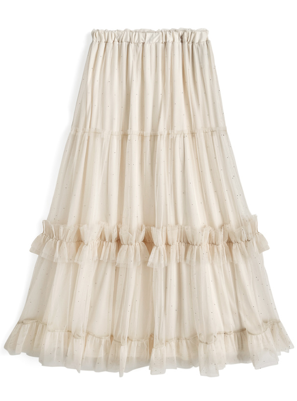 ラインストーンチュールフリルロングスカート