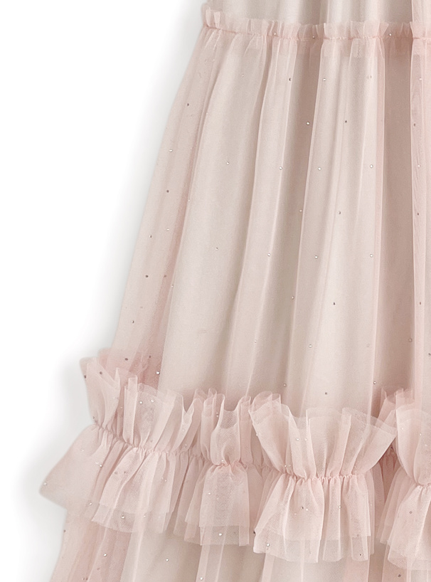 ラインストーンチュールフリルロングスカート
