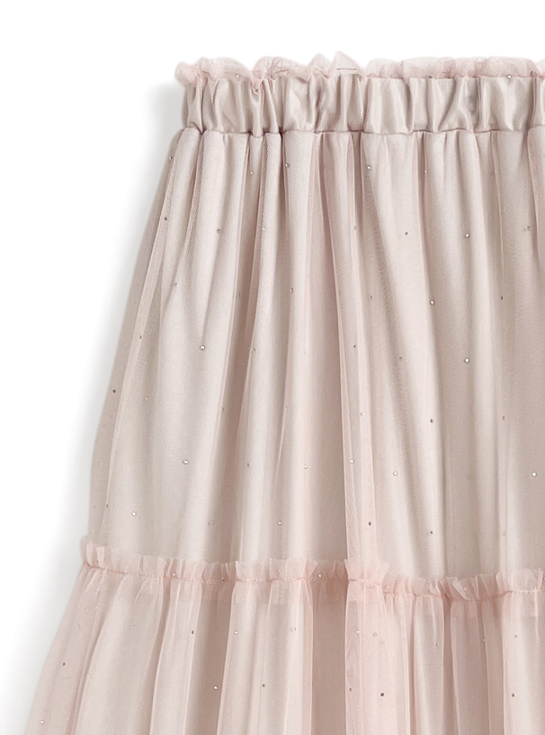 ラインストーンチュールフリルロングスカート