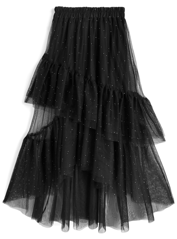 ラインストーンチュールティアードロングスカート