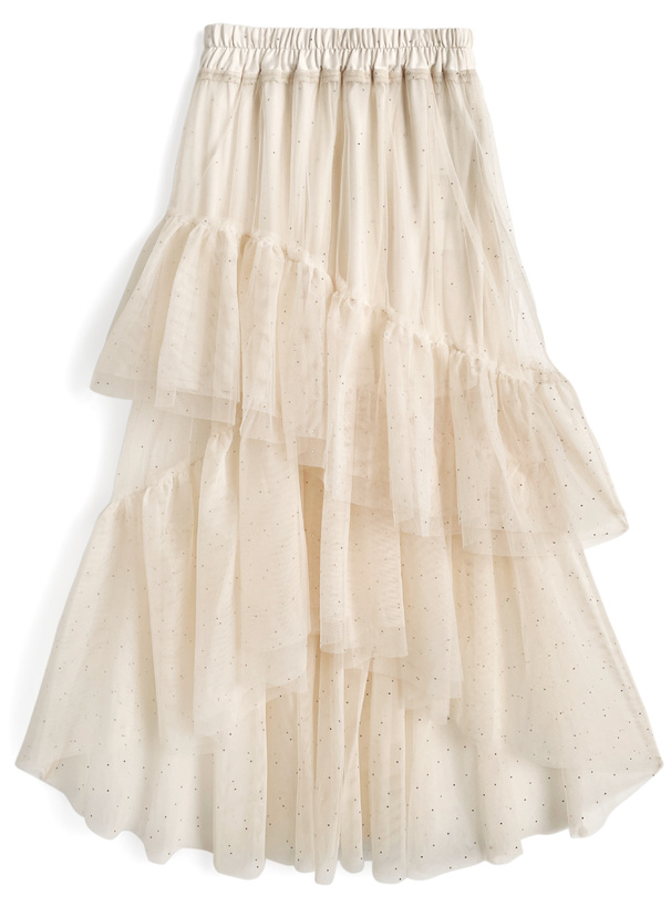 ラインストーンチュールティアードロングスカート