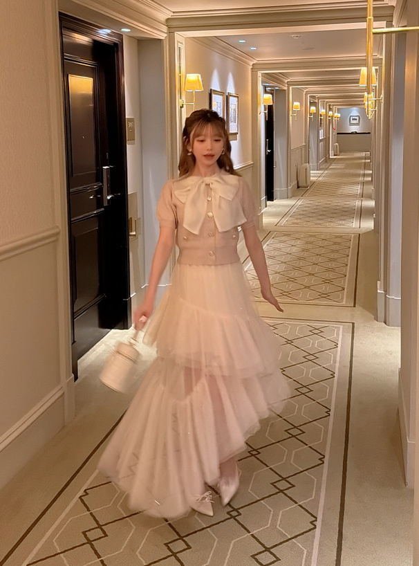 ラインストーンチュールティアードロングスカート