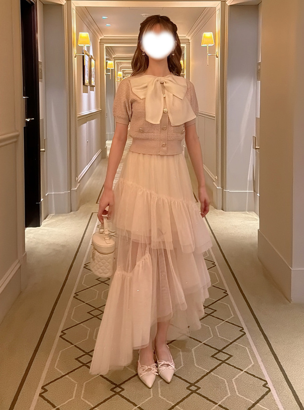 ラインストーンチュールティアードロングスカート