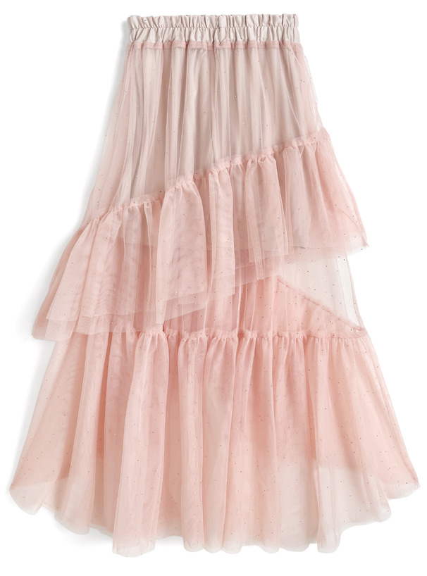 ラインストーンチュールティアードロングスカート