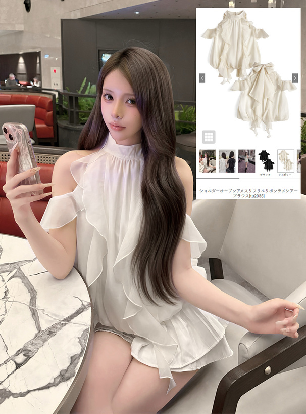 ショルダーオープンアメスリフリルリボンラメシアーブラウス