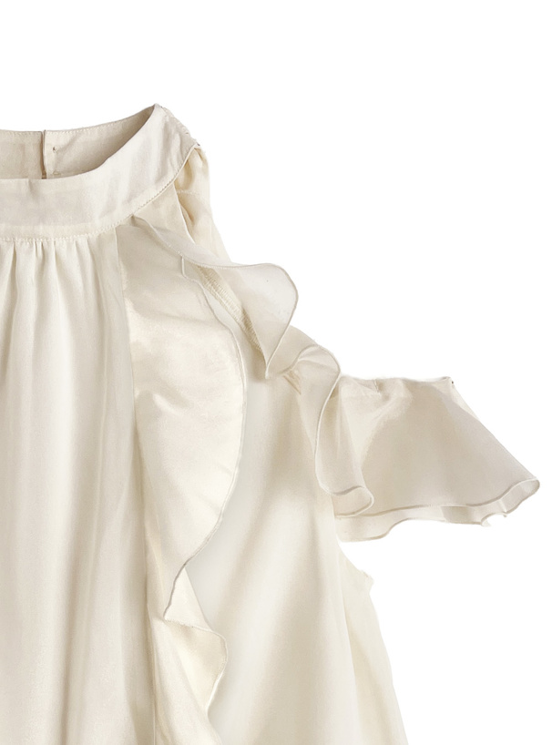 ショルダーオープンアメスリフリルリボンラメシアーブラウス