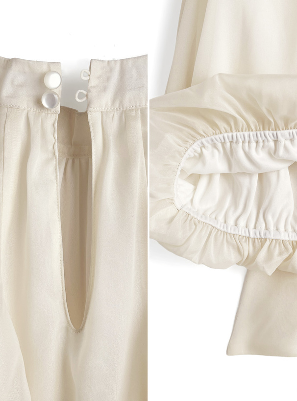 ショルダーオープンアメスリフリルリボンラメシアーブラウス