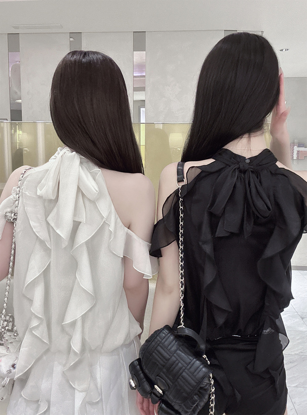 ショルダーオープンアメスリフリルリボンラメシアーブラウス