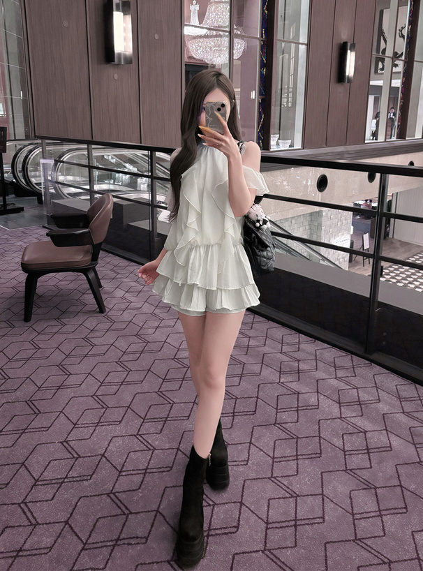 ショルダーオープンアメスリフリルリボンラメシアーブラウス