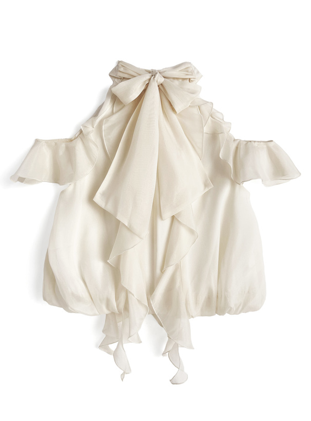 ショルダーオープンアメスリフリルリボンラメシアーブラウス