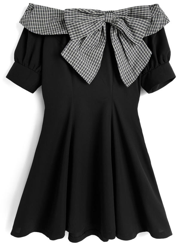 チェック柄リボンオフショルダーミニワンピース