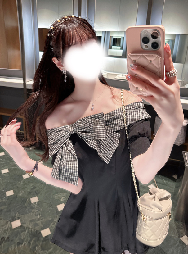 チェック柄リボンオフショルダーミニワンピース