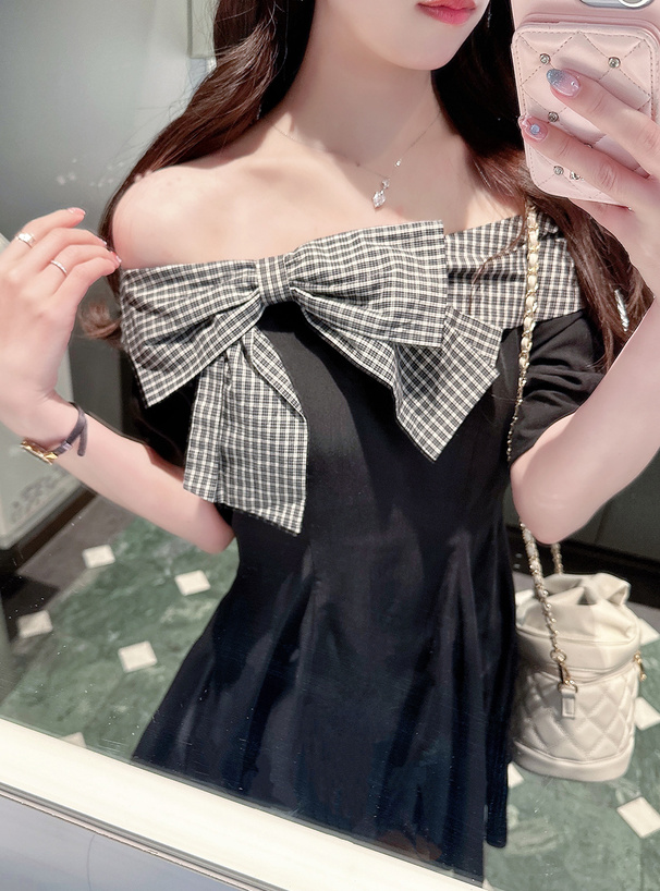 チェック柄リボンオフショルダーミニワンピース