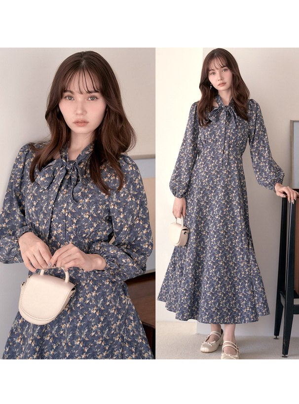 リボンタイ付き花柄ロングワンピース