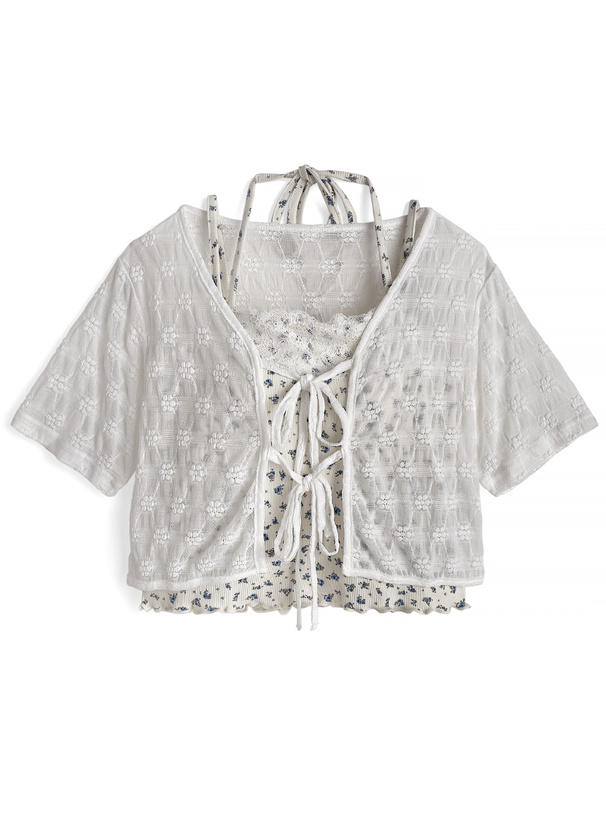 カップ付き小花柄キャミソール×シアーリボンカーディガンアンサンブル