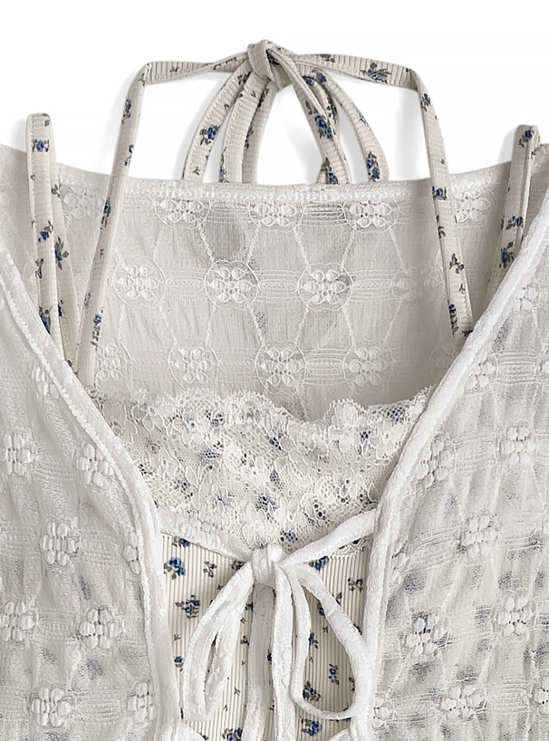 カップ付き小花柄キャミソール×シアーリボンカーディガンアンサンブル