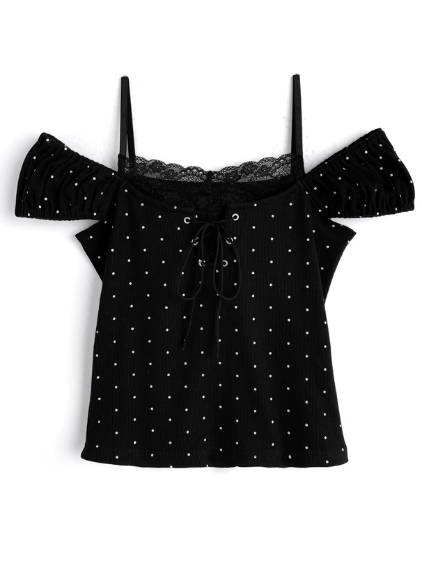 ドット柄レースレイヤード風オフショルダートップス