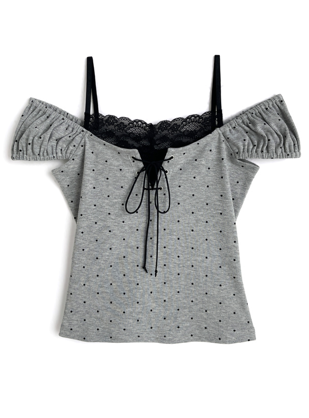 ドット柄レースレイヤード風オフショルダートップス