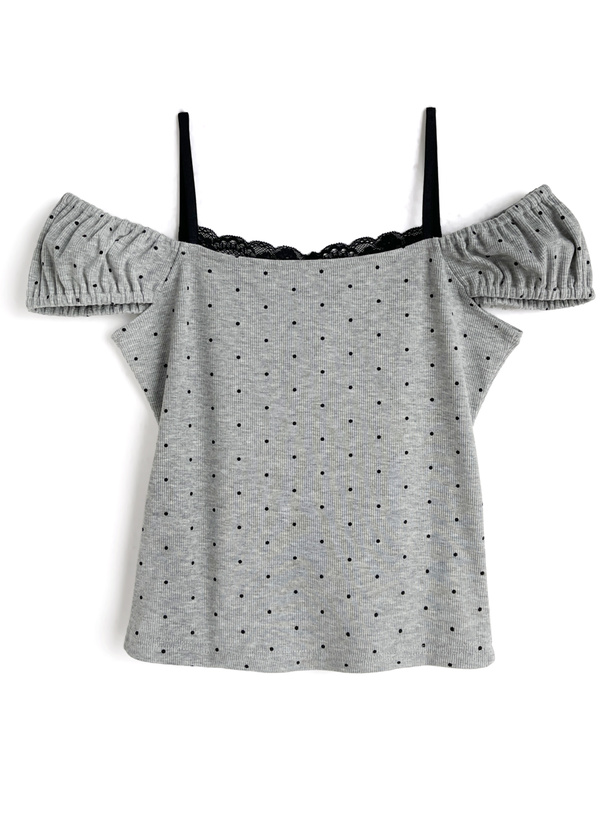 ドット柄レースレイヤード風オフショルダートップス