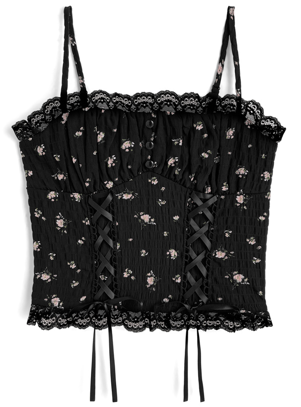 小花柄レースアップキャミソールトップス
