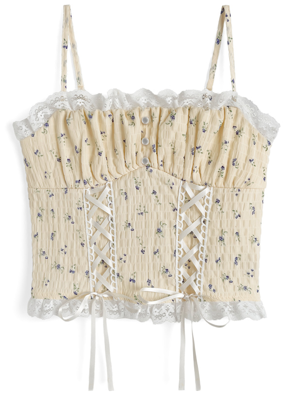 小花柄レースアップキャミソールトップス