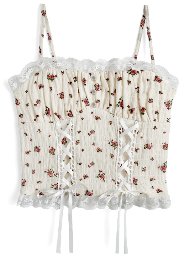 小花柄レースアップキャミソールトップス