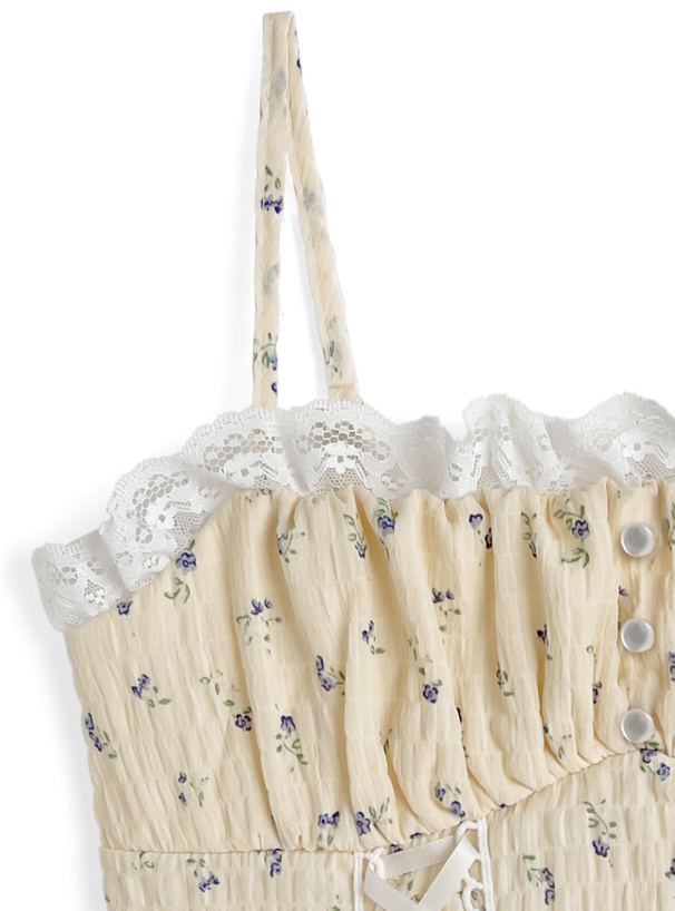 小花柄レースアップキャミソールトップス