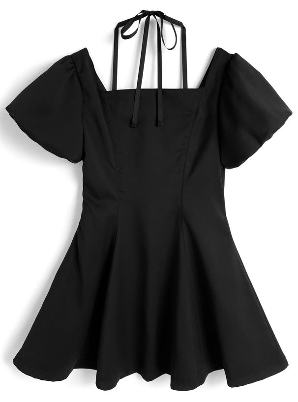 チェック柄フリルホルターネックフレアミニワンピース