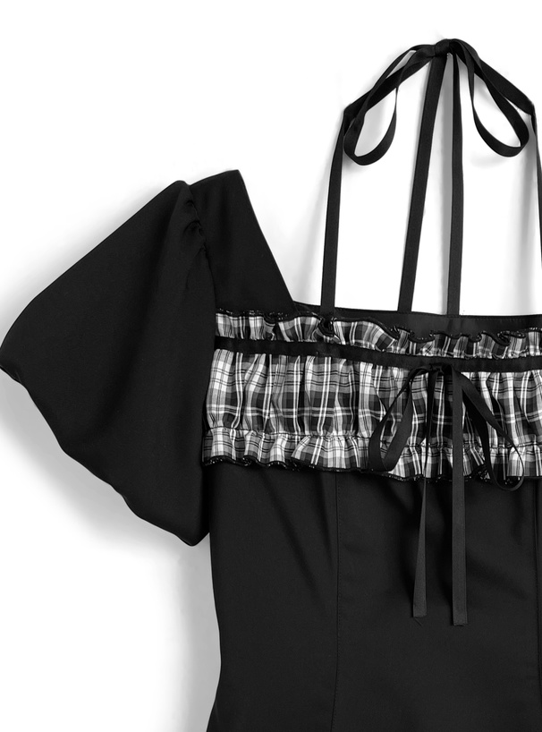 チェック柄フリルホルターネックフレアミニワンピース