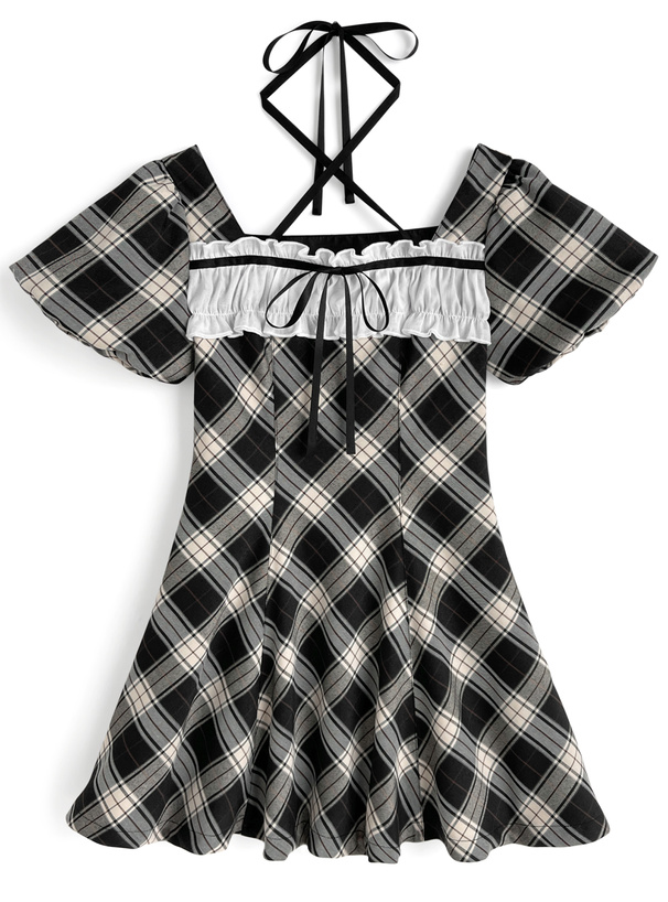 チェック柄フリルクロスネックフレアミニワンピース