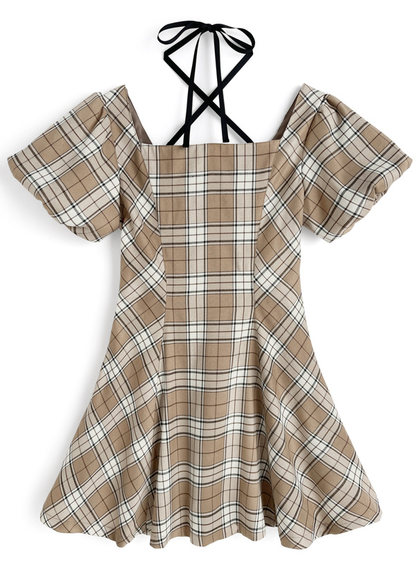 チェック柄フリルクロスネックフレアミニワンピース