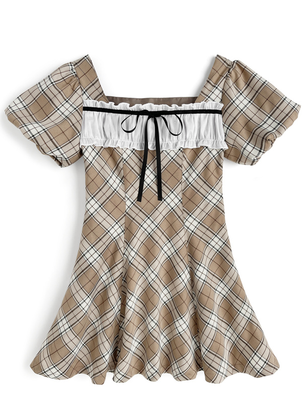 チェック柄フリルクロスネックフレアミニワンピース