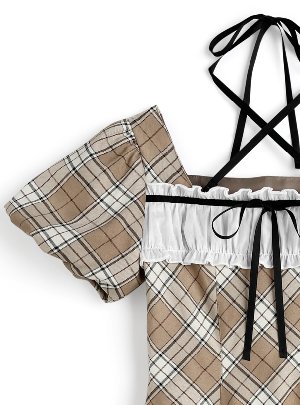 チェック柄フリルクロスネックフレアミニワンピース