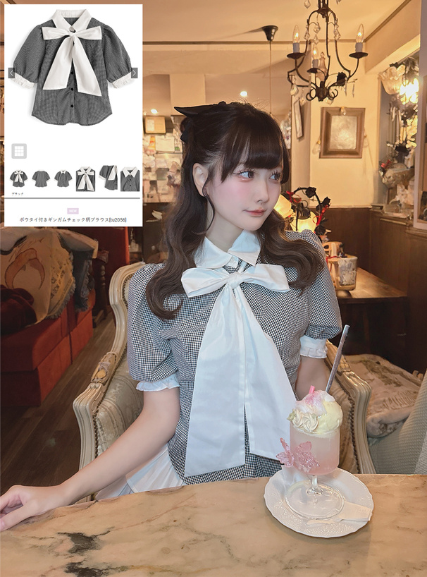 ボウタイ付きギンガムチェック柄ブラウス[tu2056] | レディース