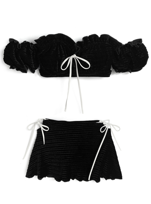 スカート付き配色リボンオフショルダーフリルビキニ水着