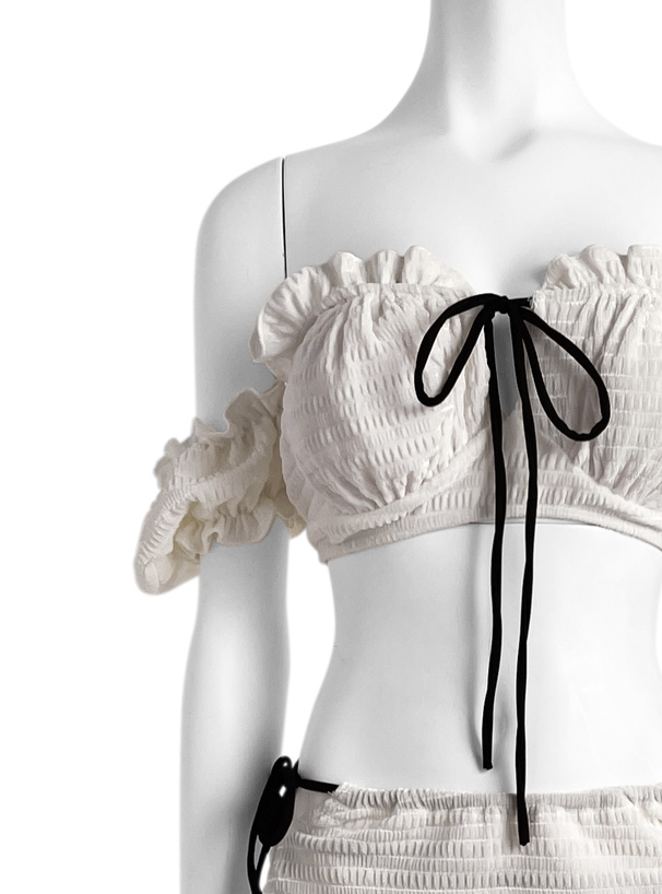 スカート付き配色リボンオフショルダーフリルビキニ水着