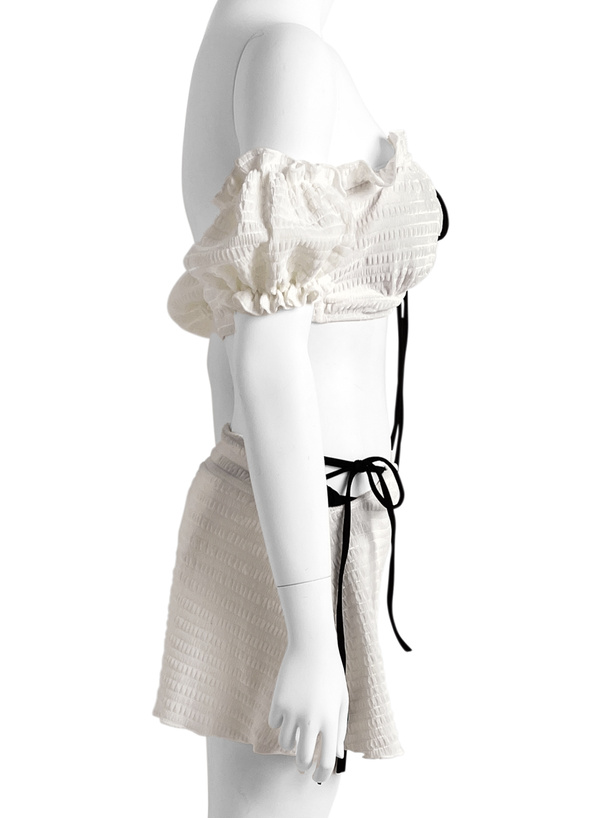 スカート付き配色リボンオフショルダーフリルビキニ水着