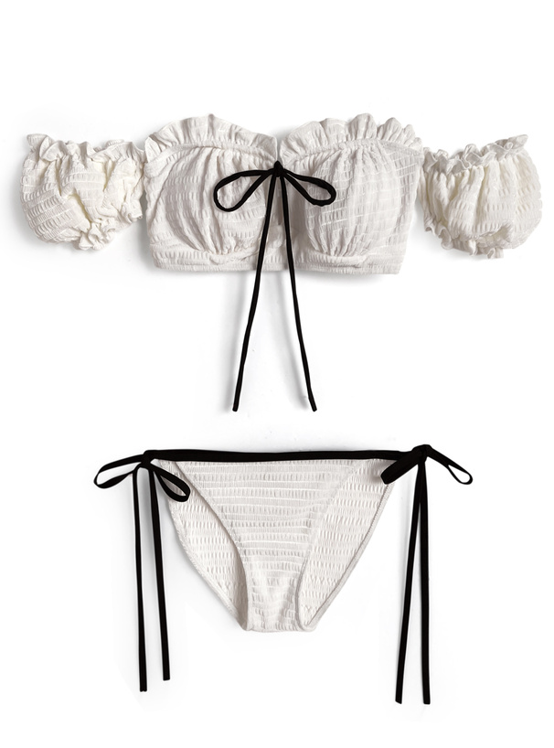 スカート付き配色リボンオフショルダーフリルビキニ水着