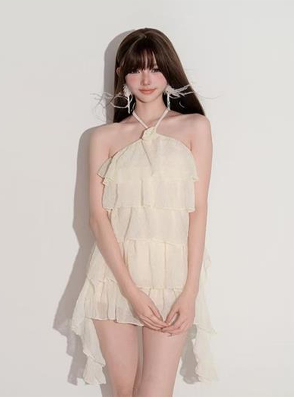 インパン付きホルターネックティアードフリルワンピース水着