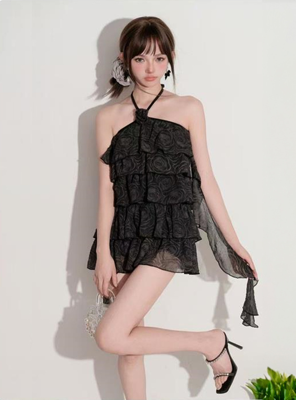 インパン付きホルターネックティアードフリルワンピース水着