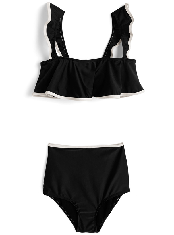 配色パイピングフリルハイウエストビキニ水着