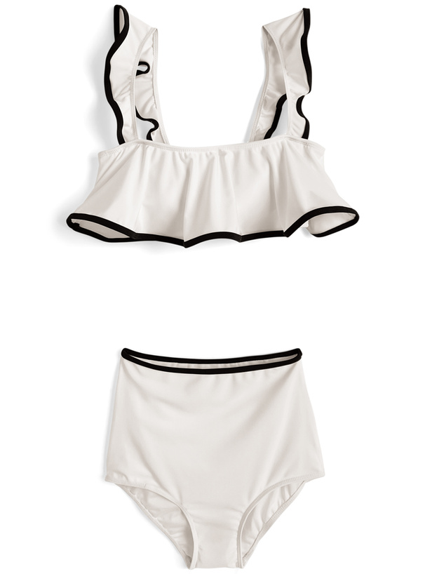 配色パイピングフリルハイウエストビキニ水着