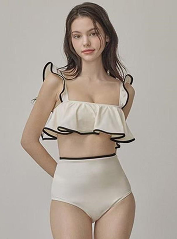 配色パイピングフリルハイウエストビキニ水着