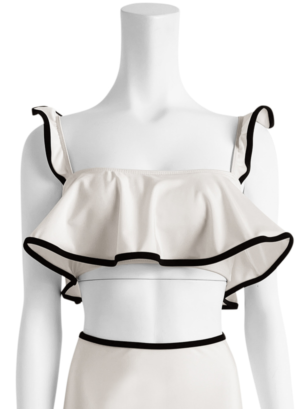 配色パイピングフリルハイウエストビキニ水着