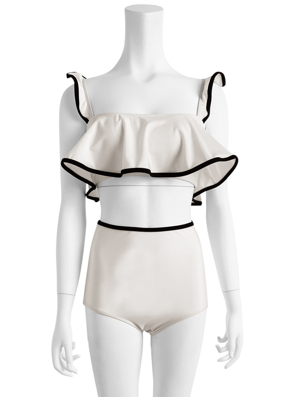 配色パイピングフリルハイウエストビキニ水着