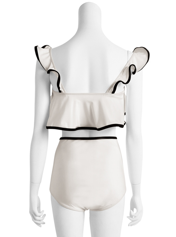 配色パイピングフリルハイウエストビキニ水着